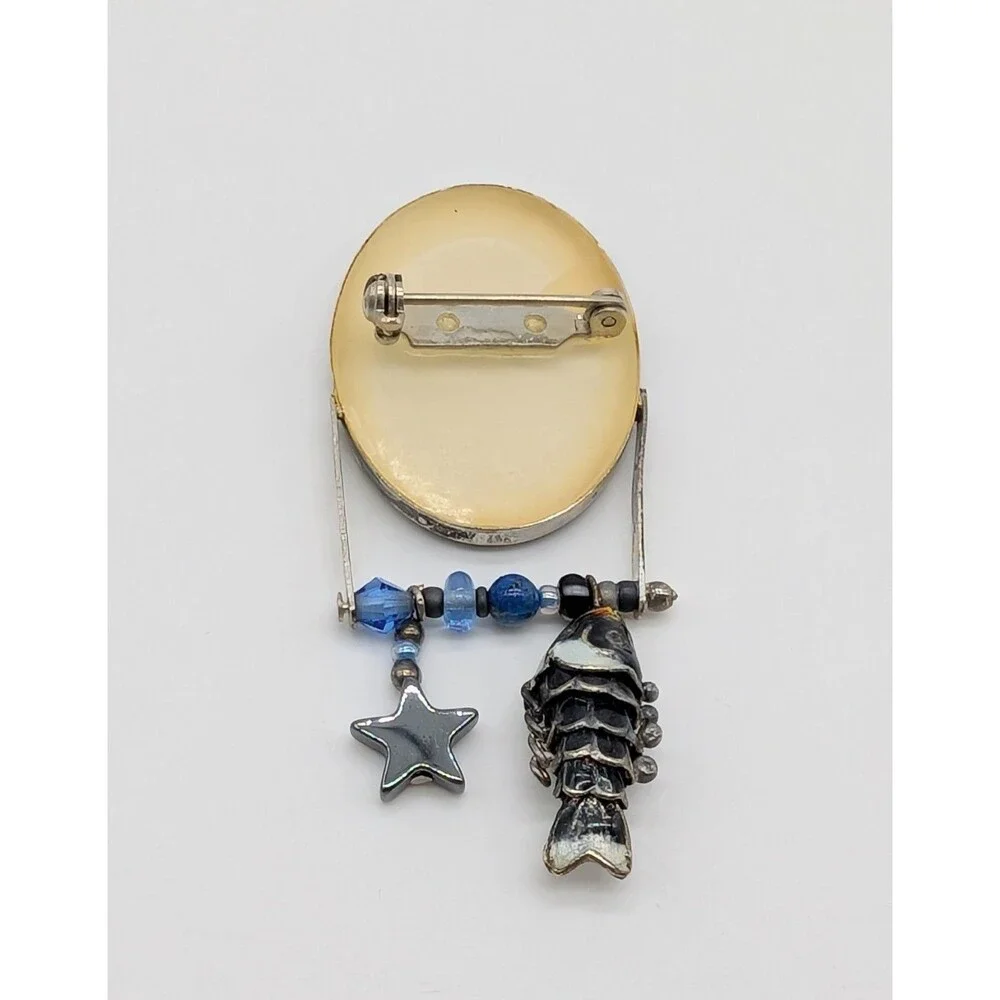 Gray Tabby Cat Brooch Pin Dangling Fish Star Charms Artisan